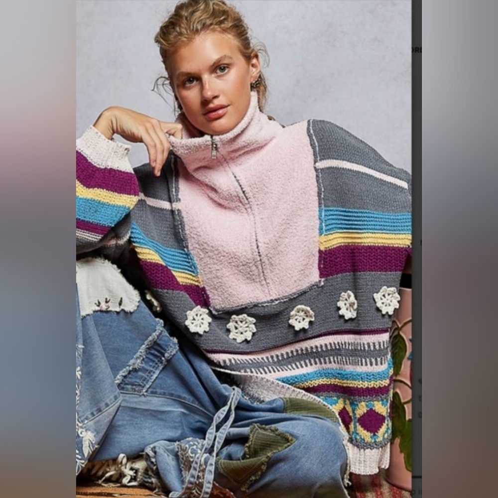 POL Pink Gray Chenille Embroidery Sweater 🩷🩶